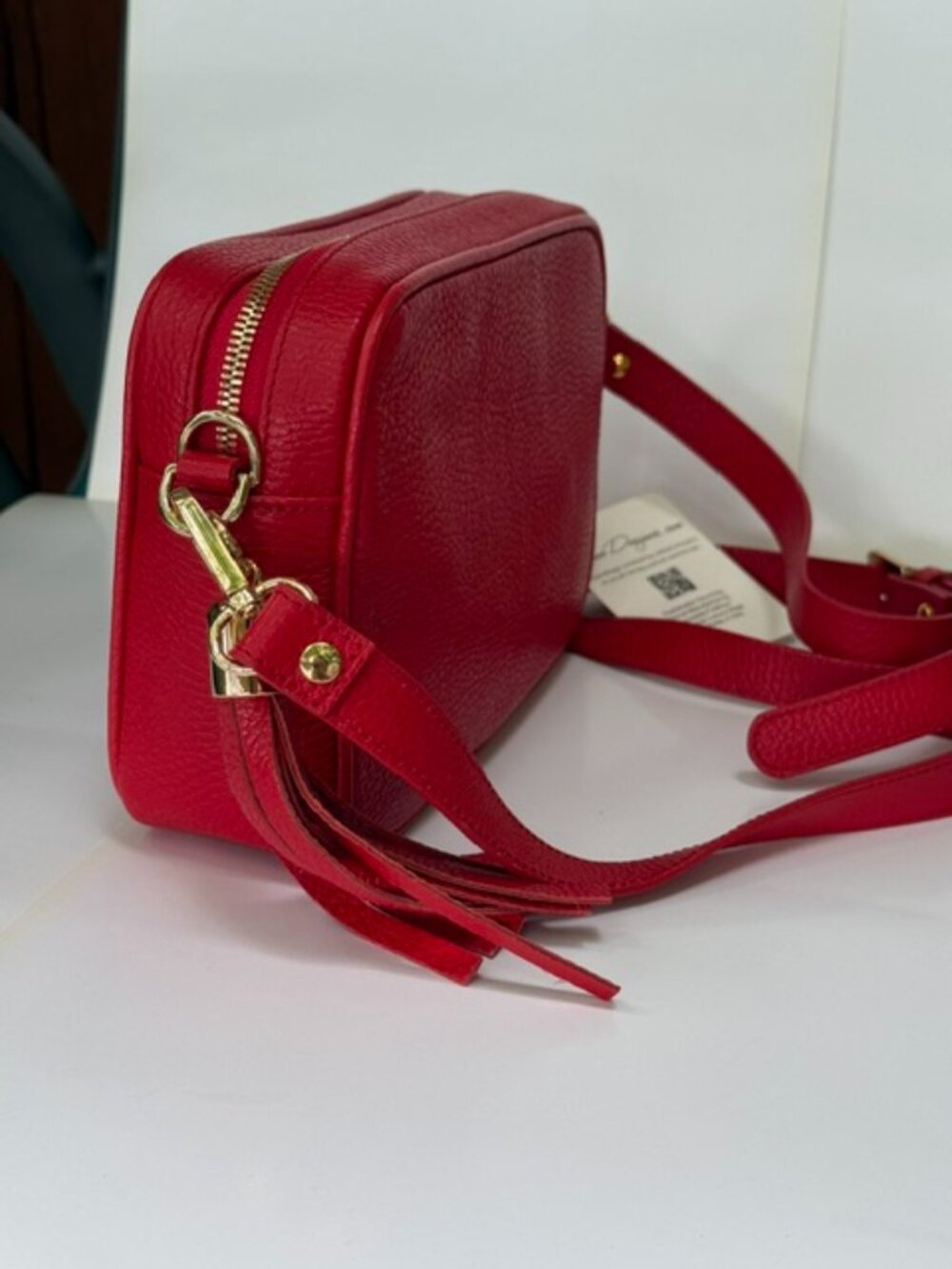 flod&sue Red Pebbled Leather Camera Crossbody Bag Made in Italy